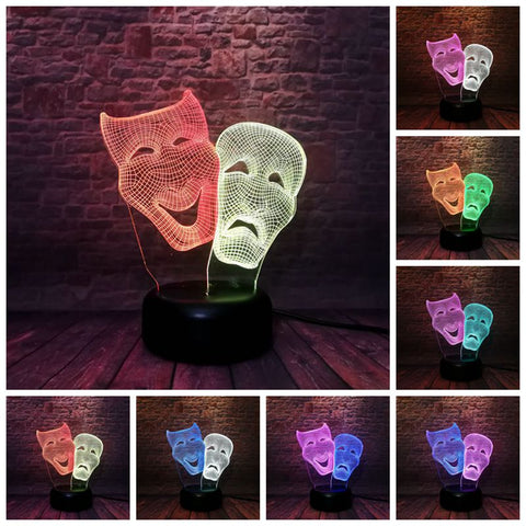 Colorful Comedy and Tradegy Mask Model 3D LED Night Light